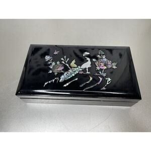 Vintage Oriental Lacquer Jewelry Box Mother of Pearl Raised Peacock Floral